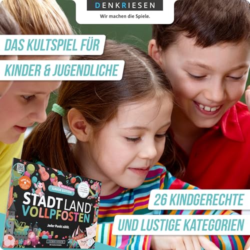 Stadt Land VOLLPFOSTEN® - Junior Edition | Ab 9 Jahren | Familienspiel | Kinderspiel | Kreative Stadt Land Fluss Variante | Spaßige Kategorien für Kinder | DIN A4 Spielblock |