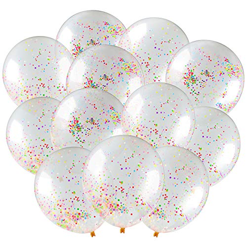 Confetti Balloons - SUPER-STATIC Confetti Birthday Balloons Rainbow Happy Birthday Party Balloons - Clear Balloons With Confetti Inside - Multicolor Sprinkle PRE-FILLED Colorful Latex Balloons For Birthday Party, Engagement Party Decorations For Part
