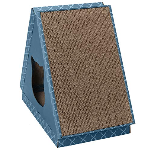 Image of Furhaven Pet Furniture for Cats and Kittens - Tiger Tent House Corrugated Cat Scratcher Hideout with Catnip, Teal, One Size