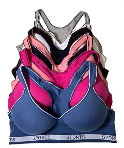 Viola's Secret Women Bras 6 Pack of Cotton Sports Bra with B Cup C Cup D Cup (34B)