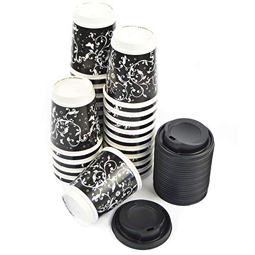 DUE ESSE S.N.C. DI SABATINI ALDO & C. PZ 100 Bicchieri 280 ML in Carta Decorato + PZ 100 Coperchio Nero con BECCUCCIO per Bevande Caldo Come Cappuccino E Caffe