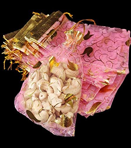 zeonely mart Organza Party Favor Gift Bags, Women's Net Zari, Potli Bags for Return Gifts (16 x 24 cm) - (100 Pieces)-(golden border)