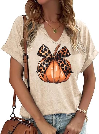 V Neck Fall Shirts for Women Pumpkin Graphic T Shirts Cute Halloween Tops Thanksgiving Tee