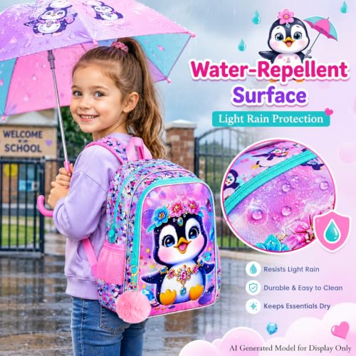 Image of 16 inch Girls Backpack, 16 inch Kids Bookbag with Lunch Box,Penguin School Backpacks for Elementary Preschool Kindergarten (Pink)