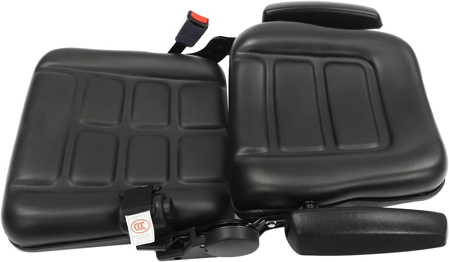 Tractor Seat, Forklift Seat Replacement, Adjustable Equipment Seat, PVC, with Armrests Belt, for Excavator Lawn Mower Bulldozer, Sliding Rail 18.5inTractor Seat