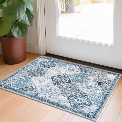 KILOCOCO 2x3 Area Rug, Moroccan Super Soft Entryway Rugs Indoor Vintage Washable Rug Non-Slip Indoor Door Mat, Accent Print Faux Wool Throw Rug for Laundry Kitchen Bedroom Entrance, Blue/Multi