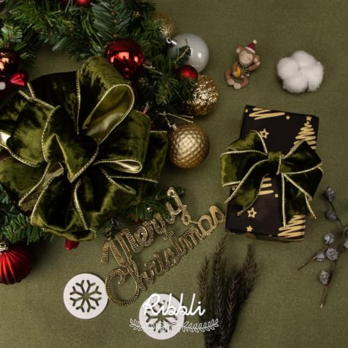 Image of Ribbli Olive Green Velvet Wired Ribbon 2.5 Inch Metallic Olive Green Crushed Velvet Christmas Ribbon for Gift Wrapping Christmas Tree Decoration Crafts Wreaths Supplies-Continuous 10 Yards