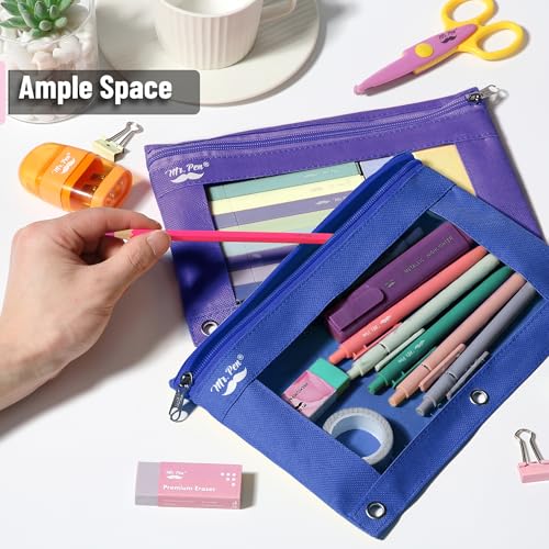 Image of Mr. Pen- Pencil Pouch for 3 Ring Binder, 2 Pack, 10 inchx6.75 inch, Smooth Zipper | Clear Window, Large Capacity Pencil Case with 3 Reinforced Grommets for School, Office, Supplies Storage | Clear Window, Large Capacity Pencil Case with 3 Reinforced Grommets for School, Office, Supplies Storage