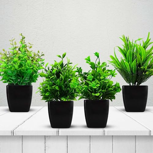 Image of Small Potted Faux Plant, Fake Green Grass Black Pot Pack of 4, Artificial Plants with Pot, Indoor Plant, Mini Fake Plants for Living Room Decoration, Balcony Decoration