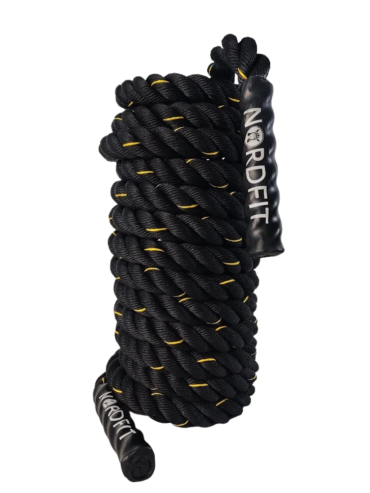 NORDFIT Battle Ropes – 9m, 12m and 15m – 38mm Thickness – Optional Anchor – Black Fitness Ropes - Fitness and Home Gym Equipment (12M Rope)