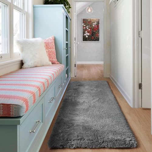 Image of Luxury Shaggy Carpet Solid Plain Fluffy Fur Rectangular Rugs For Bedroom Living Room 2X5 Feet Microfiber & Polyster Modern Interior Floor Mat Grey