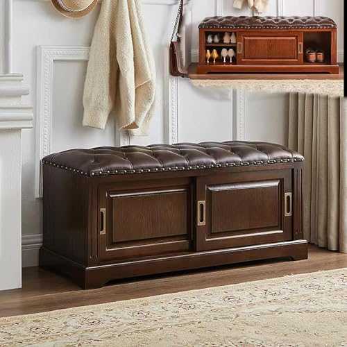 GLDYTVF Banco Zapatero de Madera Maciza con cojín y Puertas corredizas, Organizador Vintage para Entrada, Pasillo y Sala de Estar.