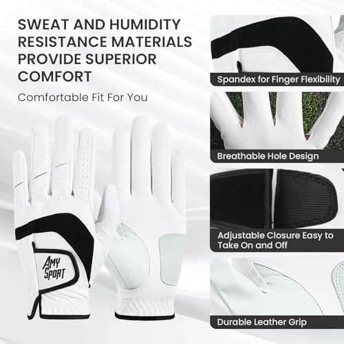 Image of Amy Sport Golf Gloves Men Right Handed Golfer Left Hand 1 or 3 Pack PU Leather All Weather Grip Soft Breathable Flexible for Mens (Pure White-1 Pack, M /Large, Left)
