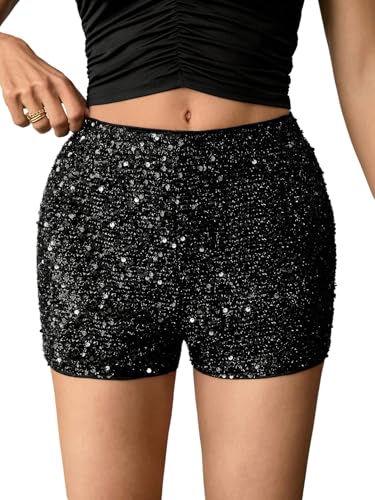 SOLY HUX Pailletten Shorts Damen Sommer Festival Outfit Glitzer Shorts Sexy Party Outfit Kurze Hose Schwarz M