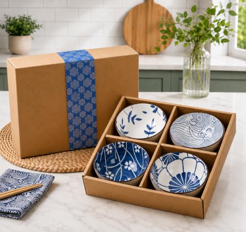 Image of Premium Ceramic Bowl Japanese Style Porcelain Rice, Soup & Dessert Bowls - Assorted Floral & Wave Patterns - Microwave & Dishwasher Safe - Gift Box Packaging(Blue & White Printed, Pack of 4)