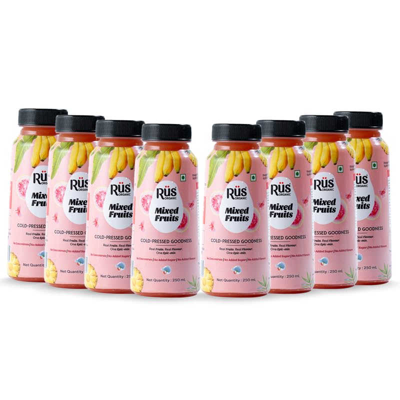 Image of Rus Organic Mixed Fruit Juice | Cold Pressed Organic Drinks | Pack of 8 (250ml Each) | No Added Sugar, Preservative-Free | Multi-Fruit Blend for Daily Vitality