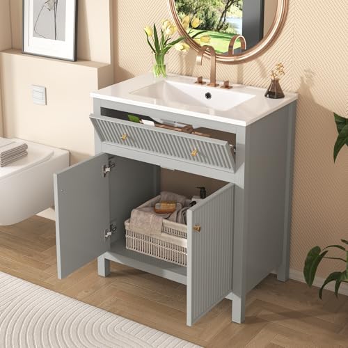 GM Ultra 30 Inch Bathroom Vanity with Ceramic Sink Combo, Modern Simple Style Bathroom Cabinet with 1 Storage Cabinet and 1 Tip-Out Drawer, Freestanding Bathroom Storage Vanity, Grey