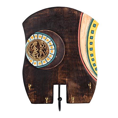 Image of AAKRITI ART CREATIONS Key Holder Handcrafted Tribal Art Alpaca Theme Keys | Rustic Wood Wall Organizer with 4 Hooks | New Home Gifts | Multifunctional Entryway Decor Item