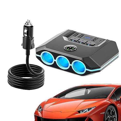 Samuliy Divisor de salida de coche | 12/24v 120w adaptador de enchufe de coche de 3 enchufes con 4 cargadores, pantalla de voltaje LED, accesorios de coche, interruptores de encendido/apagado Qc 3.0