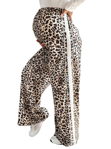 OYOANGLE Women's Maternity Pants Leopard Print Adjustable High Waisted Pregnancy Trousers Khaki Small