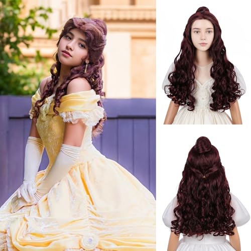 DUDUWIG Kids Dark Brown Wig Child Long Chocolate Brown Wavy Curly Wig Girls Brown Curly Wavy Wig with Bangs Heat Resistant Synthetic Wig with Wig Cap