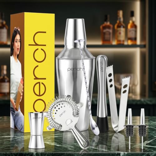 Image of O' Holic by Perch Craft 8-Piece Stainless Steel Bartender Kit|Premium Cocktail Shaker Set with Jigger 30 /60ml, Spoon,Pourer,Ice Tong, & Bar Tools|Professional Bar Set for Home &Tour Parties|Silver