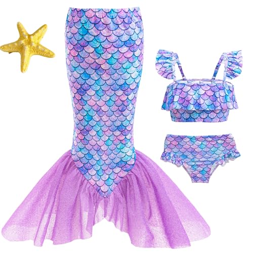 Wfundeals Little Girls Swimsuits 3Pcs Bathing Suits Princess Bikini Set with Cover Up Skirt for 6-7 Years Toddler Purple
