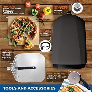 NutriChef Portable Outdoor Gas Pizza Oven - Includes Foldable Feet, Adjustable Heat Control Dial, Burner, Stone & Regulator Hose - Cooks 12 Pizza in 60 Seconds - 25.24'' x 16.14'' x 12.40'' IN