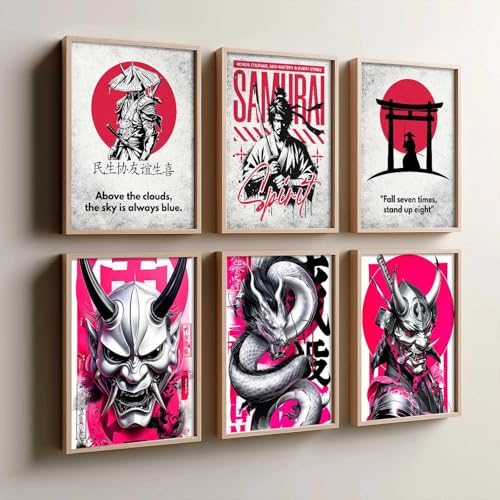 Image of HOTHOUSE Aesthetic Samurai Theme Devil Masks Wall Framed Posters | Japanese Devil Masks Framed Poster for Living Room Bedroom Gaming Room Studio Wall Decor Set Of 6 (10X13 inch)