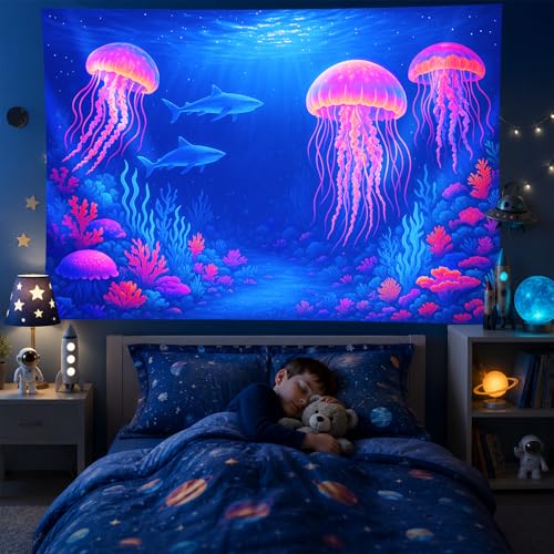 Image of BlissYard Neon Jellyfish Sharks Black Light Tapestry UV Reactive Underwater Ocean Wall Hanging for Living Room Bedroom Dorm Room Bar Party Cool Decor 78x59 Inch