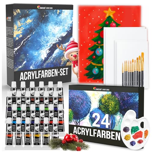 Zenacolor - Acrylfarben set (40 Stück) - 24x12ml Acrylmalerei Starterset - Mit 5 Canvas, 10 Pinsel, 1 Palette - Farben Acryl Malset für Künstler - Malkoffer für Erwachsene