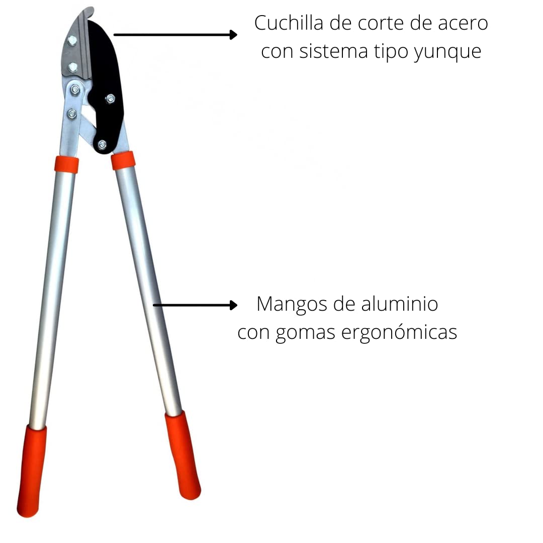 Podadera de dos manos 75cm. Cizalla con yunque ideal para ramas secas y duras. Cortes suaves y limpios 40mm Antiadherente, Sujeción segura. Contracuchilla en forma de gancho