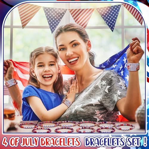 Remuuly 96 Pcs 4th of July Bracelets Bulk Independence Day Clay Bead Bracelets Memorial Day Patriotic Friendship Red White and Blue Stretch4