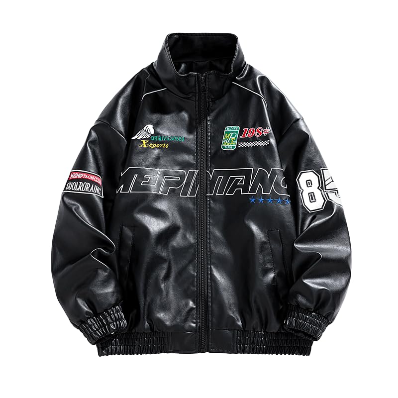 Men's Faux Leather Jacket Oversized Varsity Jacket Zipper Closure Casual Jacket Unisex Motorcycle Jacket