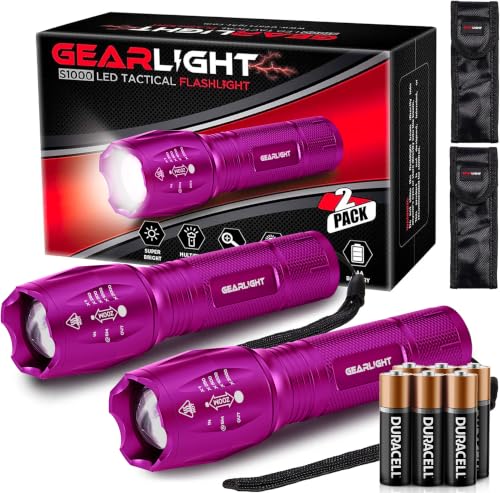 Image of GearLight LED Flashlight High Lumens, Mini Tactical LED Flashlight 2 Pack, 5 Modes Zoomable Beam, Battery Powered for Camping, Hunting, Home & Emergency, Compact Small LED Flashlight (Purple)