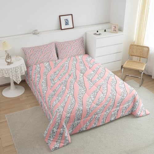 Image of Feelyou Women Leopard Bedding Set Girls Pink Silver Print Comforter for Kids Boys Teens Glitter Zebra Safari Animal Quilt Room Decor Duvet All Season King Size