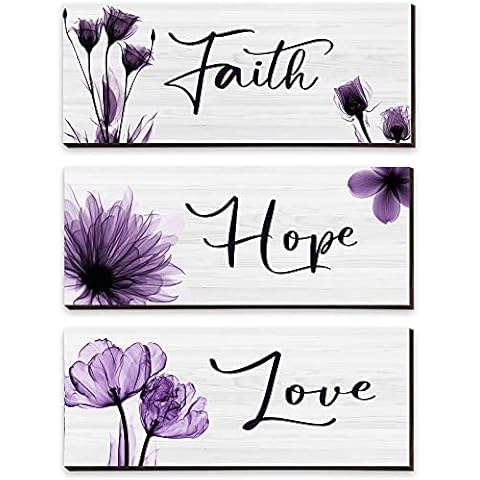 Shellwei 3 Piece Faith Love Hope Wall Decor Elegant Tulip Wooden Hanging Wall Plaque Rustic Wooden Wall Sign Flower Wall Art for Farmhouse Living Room Bedroom Office Decor (Purple,10 x 4 x 0.2 Inch) Cover