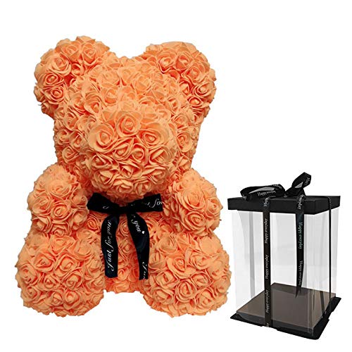 Rose Bear Teddy Bear Cub Forever Artificial Rose Anniversary Valentines Gift 14" (Orange, Gift Package)