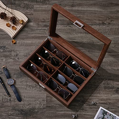 Bewishome Sunglasses Organizer, 8 Slot Sunglasses Case For Men, Eyeglasses Storage Box With Clear Glass Top, Faux Leather, Brown Ssh38Z #TOP3