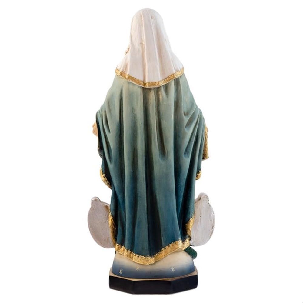 Virgen Milagrosa Figura 32 cm. Escultura medallas Laterales peana Estrellas Resina