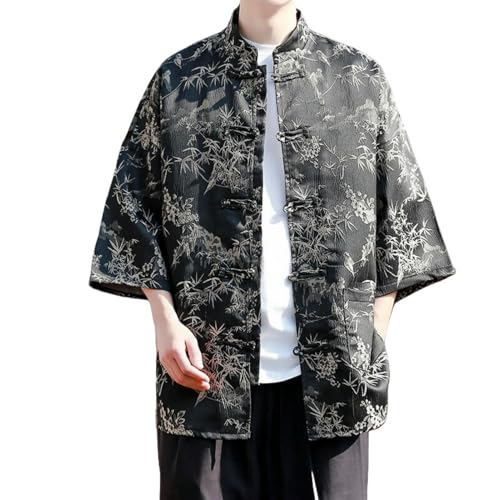Chemise en lin homme col montant et boutons chinois à manches courtes pour l'été