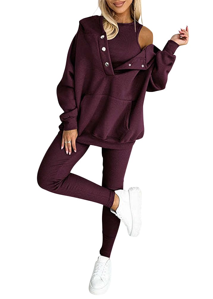 Damen Jogginganzug Sportanzug Set 3 Teilig Trainingsanzug Freizeitanzug Sport Sweatshirt + Tanktops + Jogger Hose Dreiteiler Outfit Sportlich Elegante Chic Tracksuit