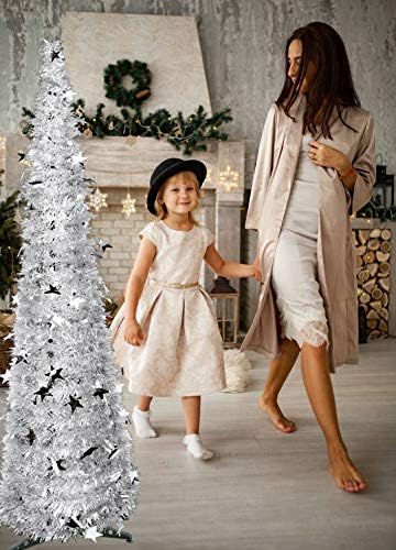 FINGOOO 5ft/1.5m Collapsible Christmas Tree Silver Tinsel Pop Up Coastal Christmas Tree for Holiday Xmas Decorations Home Display - Image 5