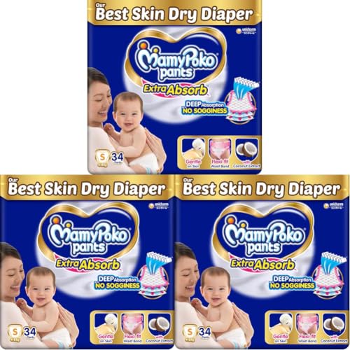 Image of MamyPoko Pants Extra Absorb Baby Diapers, Small (S size), 4-8 kg, 34 Count, Deep Sleep Diapers, Soft gentle fit, Deep Absorbent Crisscross, skin friendly with coconut oil (Pack of 3)