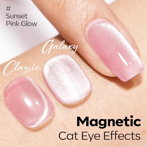 Image of modelones Cat Eye Builder Nail Gel with Magnet, Pink Glitter Magnetic Builder Hard Gel, Pink Shimmer Holographic Jelly Color for Nail Extension Apex Building, Self-Leveling, DIY Salon U V LED Cure 1oz