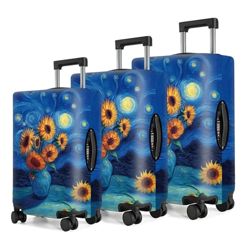 Image of Van Gogh Sunflowers Luggage Cover - Artistic Suitcase Protector with Starry Night and Vase Design - Fits 20-22 Inch Travel Luggage,S
