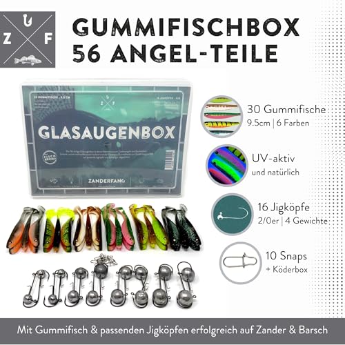 Foto von Zanderfang - Gummifisch Box Gummifische mit Jigkopf zum Zanderangeln mit Gummifisch - 30 Zander Gummifische in 6 Farben in 9,5 cm - 16 Jigköpfe Größe 2/0: 5-20 Gramm + 10 Einhänger (Snaps)