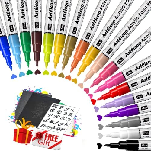 18 Color Paint Markers with 2 Carbon Paper Sheets & Typography Stencil, Acrylic Paint Pens for Rock Painting, DIY Crafts Making Art Supplies, Paint Pens with 0.7mm Extra Fine Tip & 2mm Bottom Nib