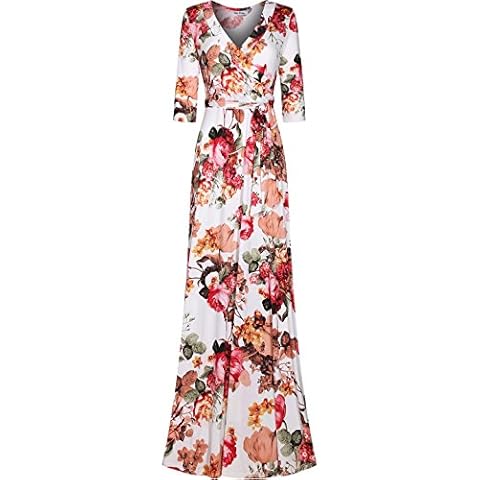 Bon Rosy Women's 3/4 Sleeve V-Neck Floral Printed Maxi Wrap 64a Dress Ivory L Cover