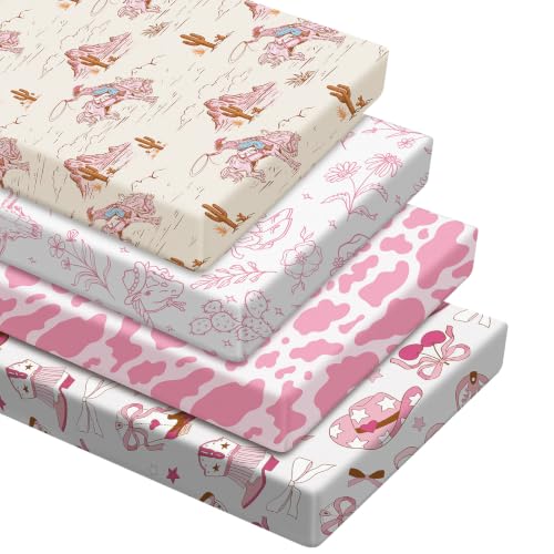 Image of 4 Pcs Pink Western Cowgirl Crib Sheet Set Newborn Bedding Nursery Baby Sheets for Girl Boys Baby Gifts for Standard Crib and Toddler Mattresses, 52 x 28 x 8 Inches